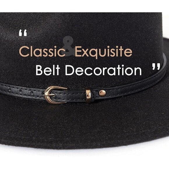 ? Lisianthus Classic Felt Fedora Women Black Wide Brim Fashion Belt Buckle Hats main image 5